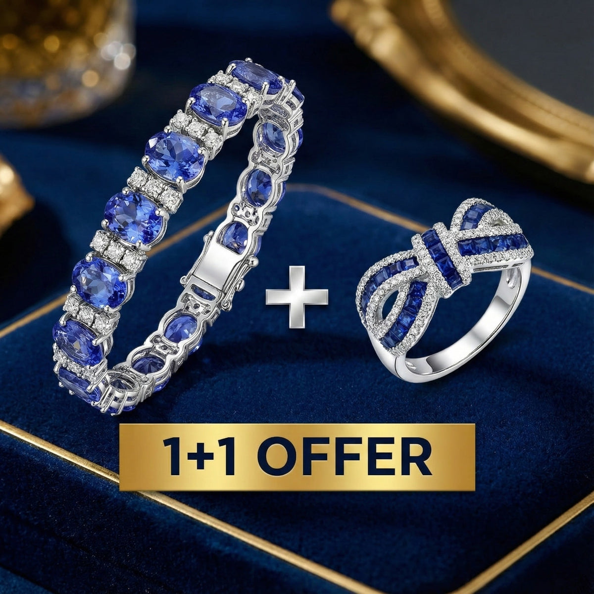 1+1 Offer: Oval & Round Cut Blue Tanzanite Bracelet + Knot Round Cut Blue Sapphire Wedding ring