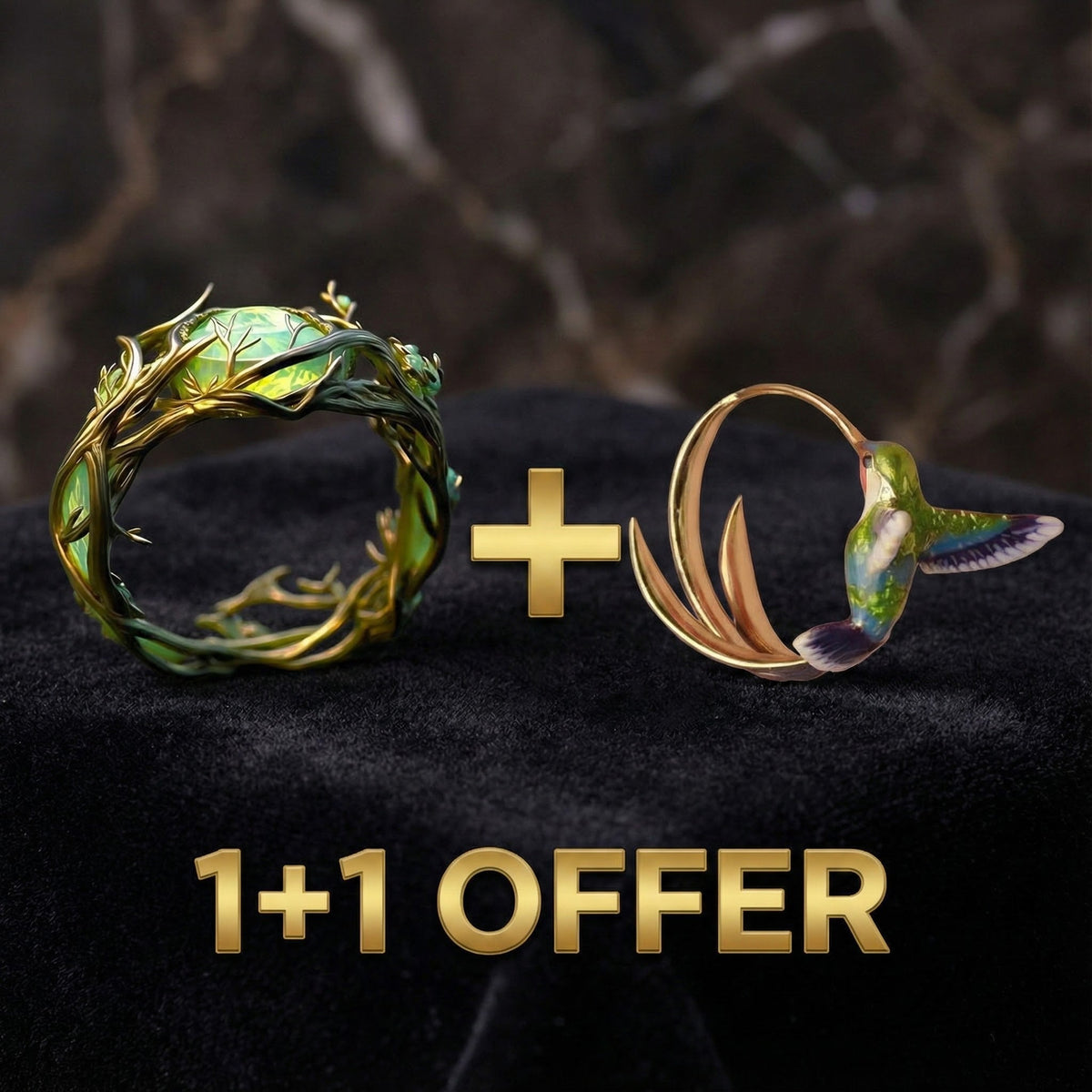1+1 Offer: Vintage Enamel Hummingbird Hoop Earrings + Green Opal Natural Ring