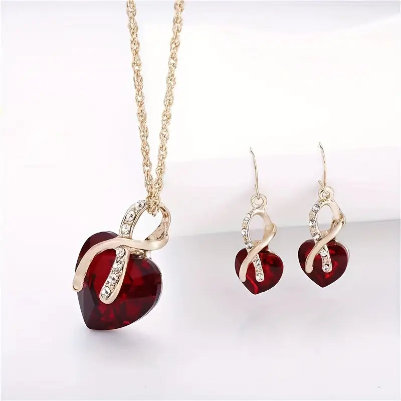 Gold Ruby Twisted Heart Jewelry Set