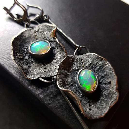 Boho earrings with green opal in silver